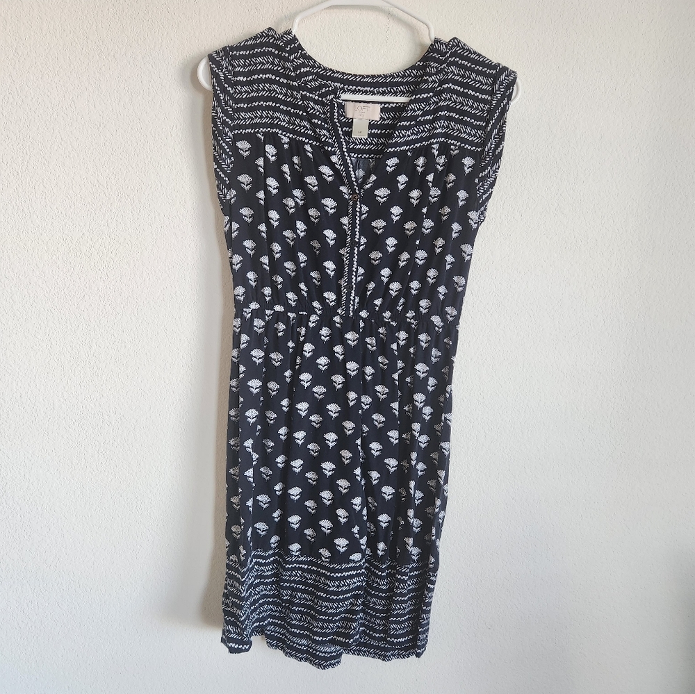LOFT Outlet Navy and White Printed Cap Sleeve Henley Dress